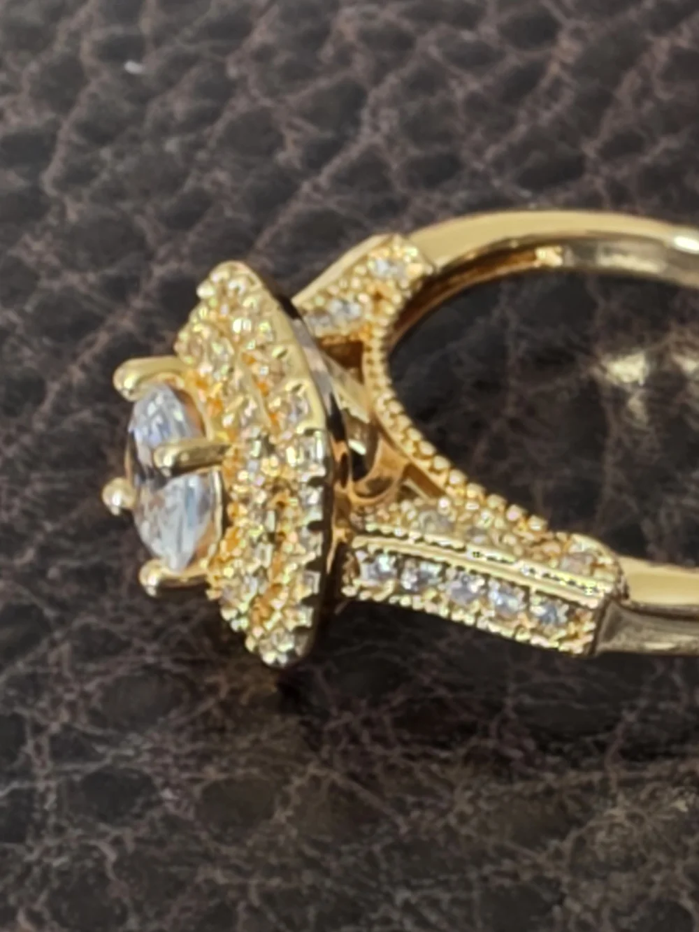 Gold Plated Over Brass Halo Ring with Clear Center Stone Size 8